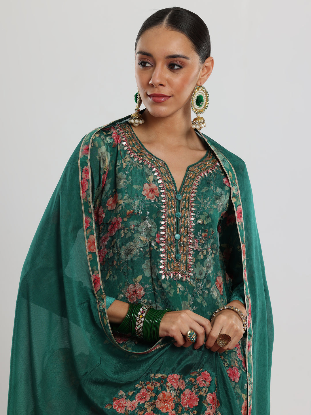  Green Printed Silk Chiffon Straight Suit With Dupatta 