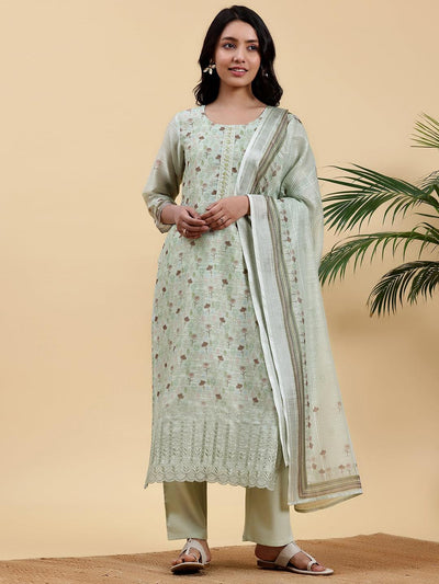 Green Printed Chanderi Silk Straight Suit With Dupatta - Libas