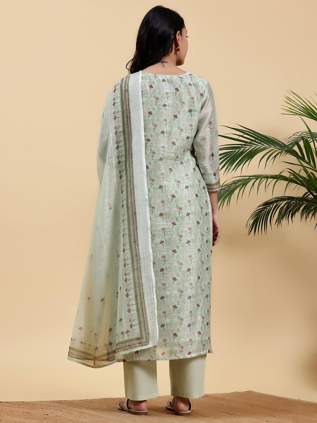 Green Printed Chanderi Silk Straight Suit With Dupatta - Libas