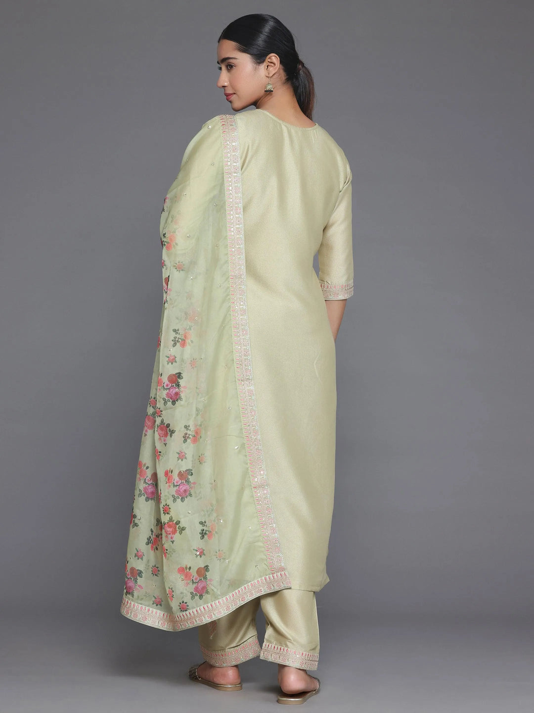 Green Embroidered Silk Blend Straight Suit With Dupatta - Libas 