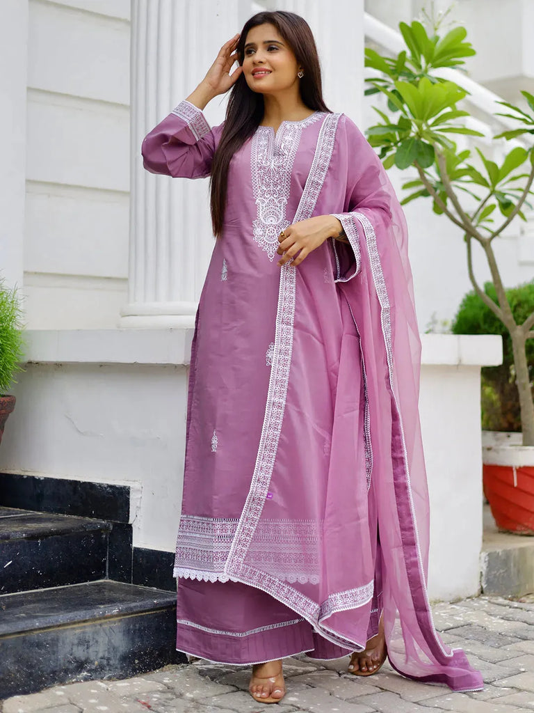 Libas Mauve Embroidered Silk Blend Straight Suit With Dupatta