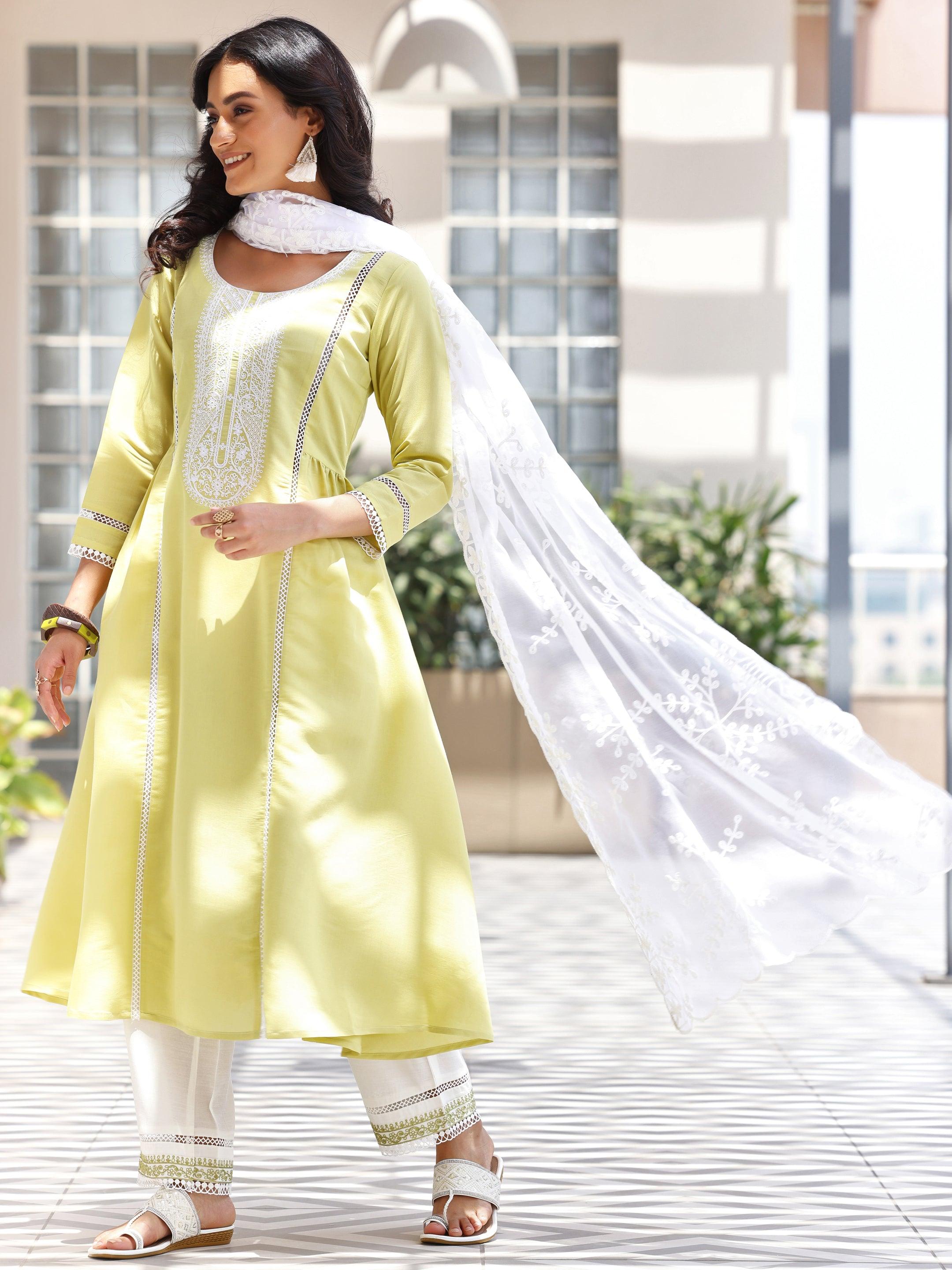 Green Embroidered Silk Blend A-Line Kurta With Trousers & Dupatta