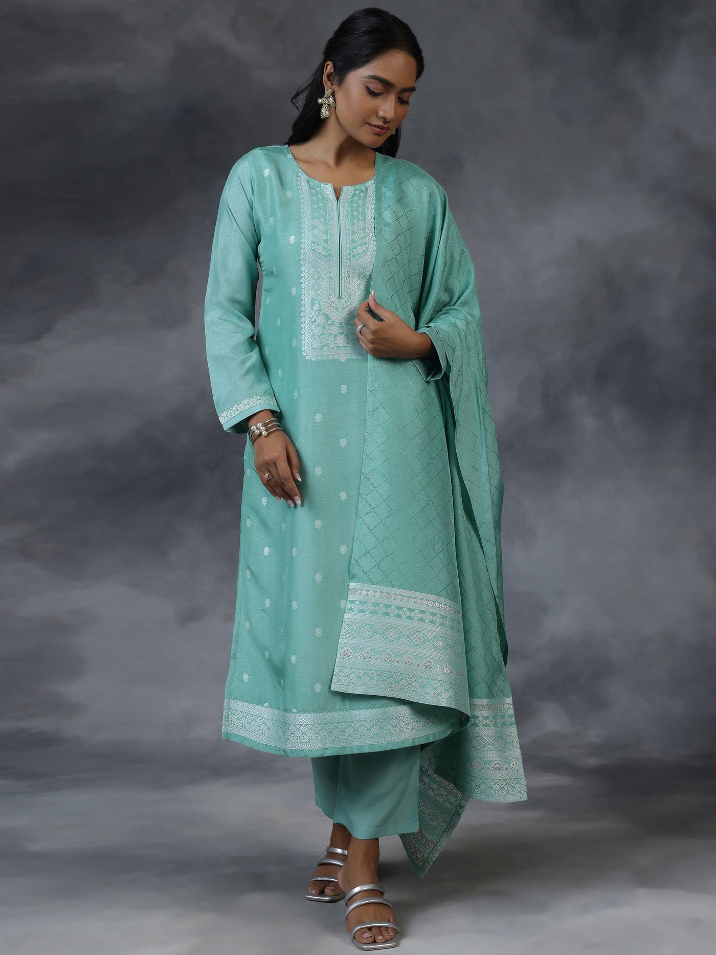 Green Woven Design Silk Blend Straight Suit With Dupatta - Libas