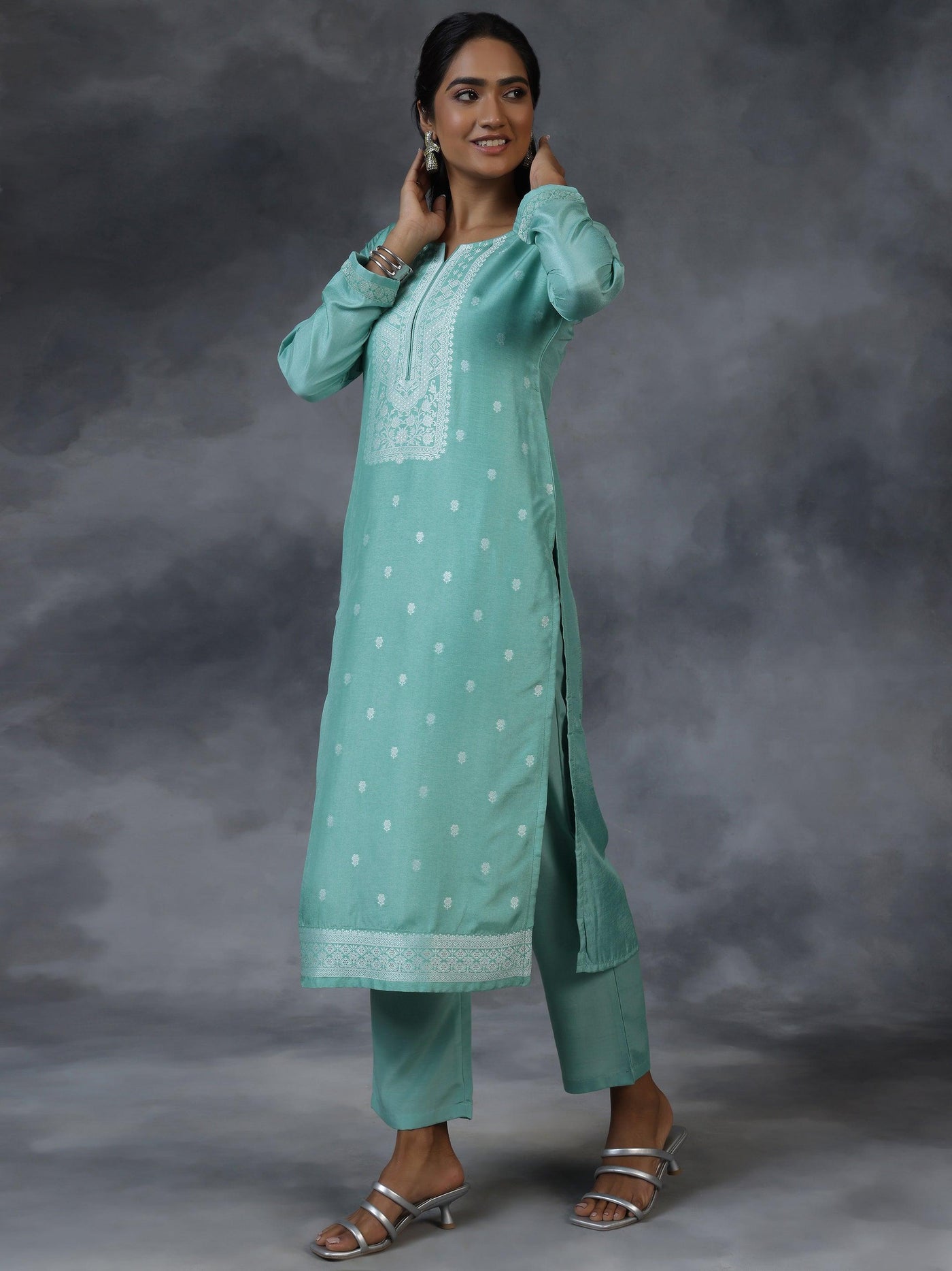 Green Woven Design Silk Blend Straight Suit With Dupatta - Libas