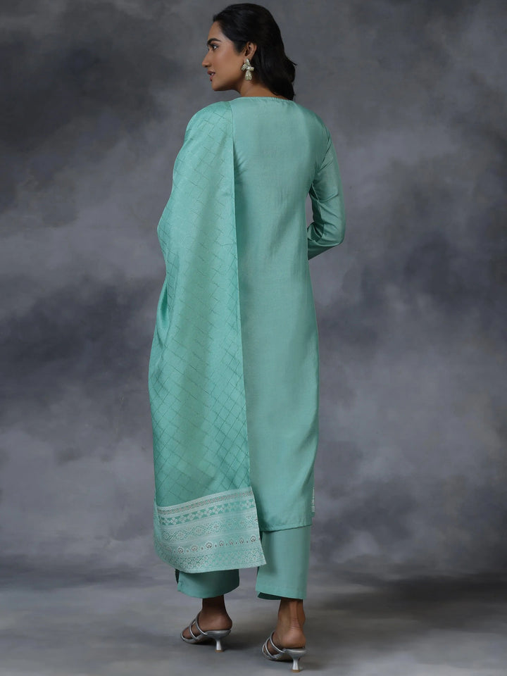 Green Woven Design Silk Blend Straight Suit With Dupatta - Libas
