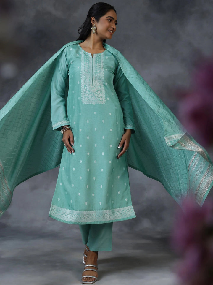 Green Woven Design Silk Blend Straight Suit With Dupatta - Libas