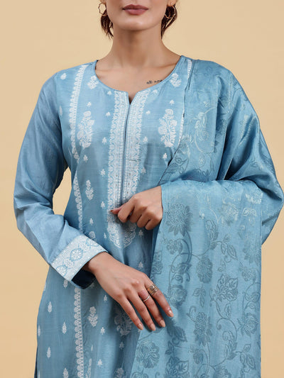 Blue Woven Design Silk Blend Straight Suit With Dupatta - Libas