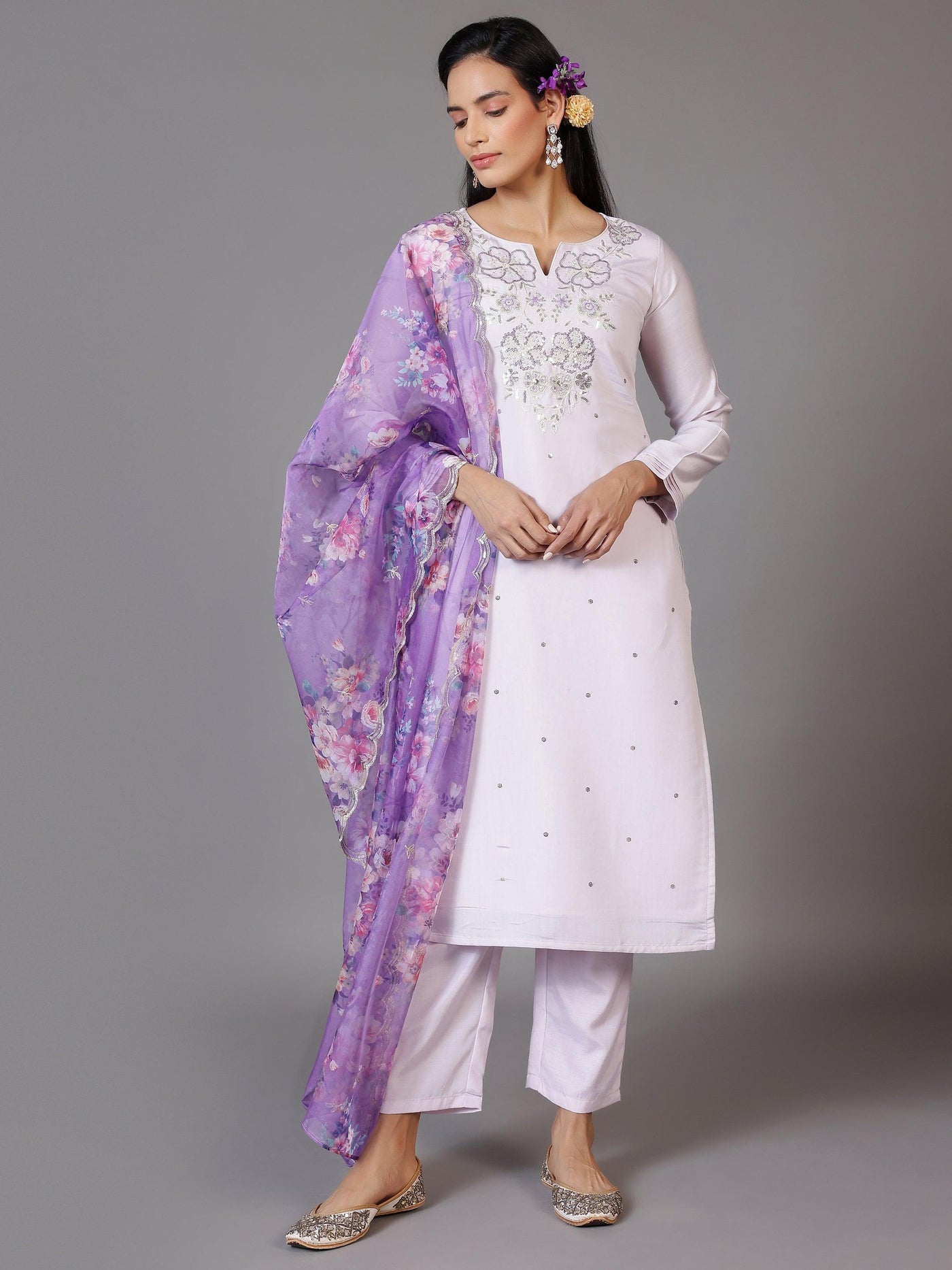 Lilac Embellished Silk Blend Straight Suit With Dupatta - Libas