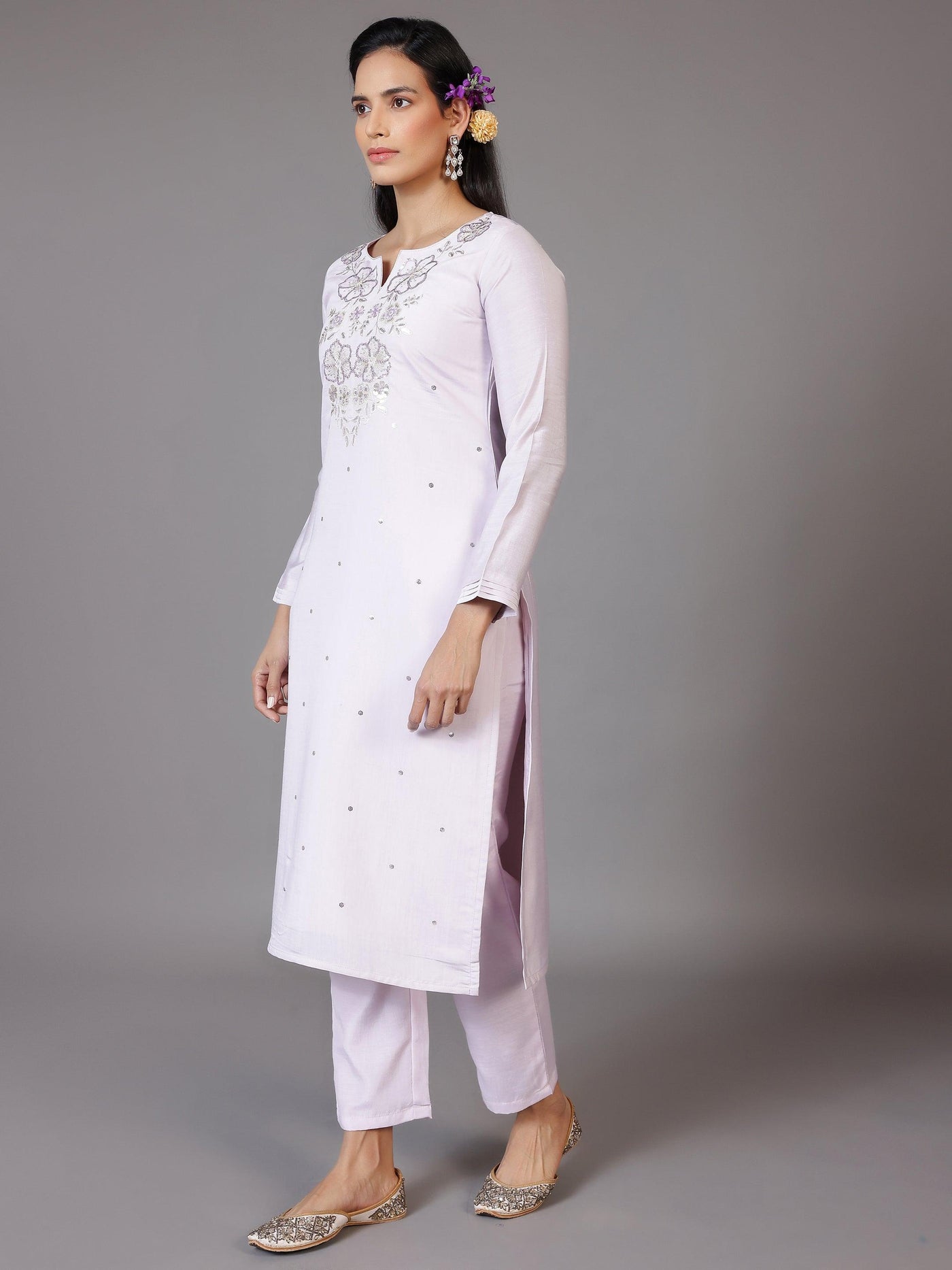 Lilac Embellished Silk Blend Straight Suit With Dupatta - Libas