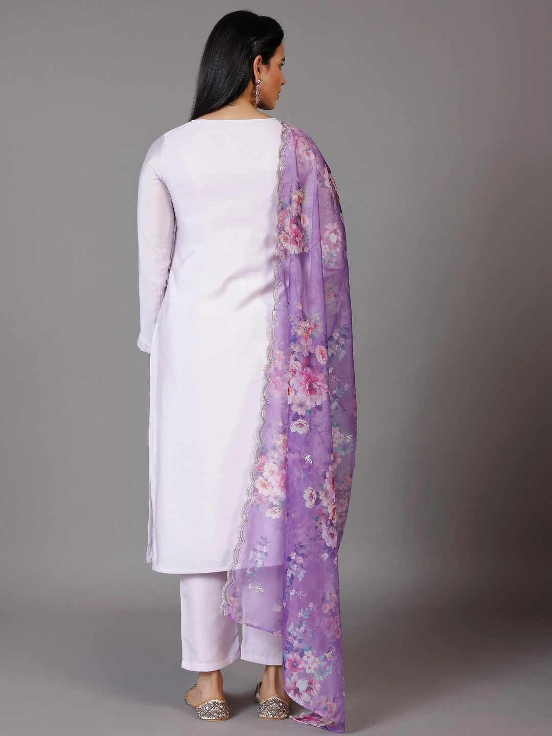 Lilac Embellished Silk Blend Straight Suit With Dupatta - Libas 