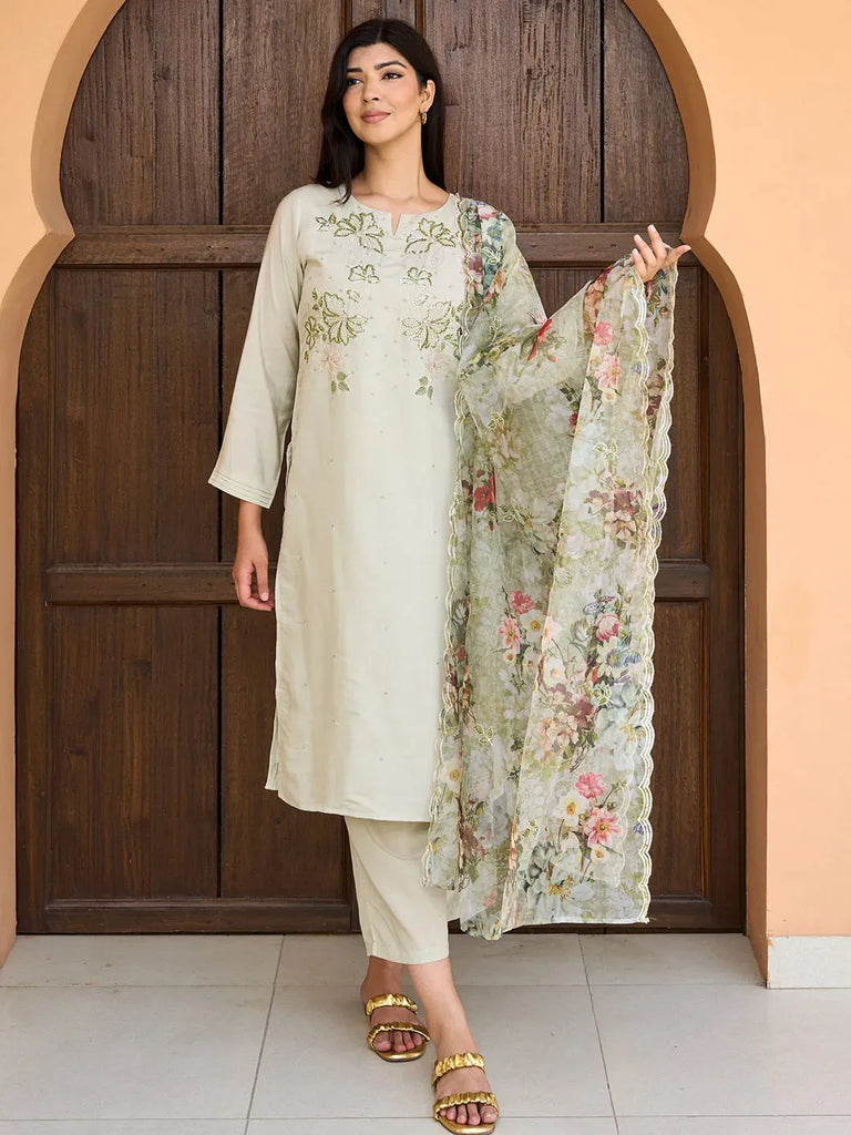Libas Green Yoke Design Silk Blend Straight Suit With Dupatta