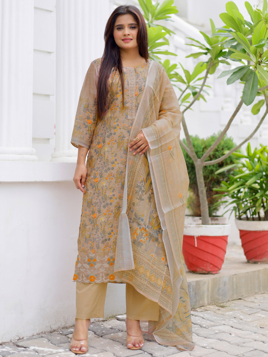libas Tan Printed Chanderi Silk Straight Suit With Dupatta-picture-29
