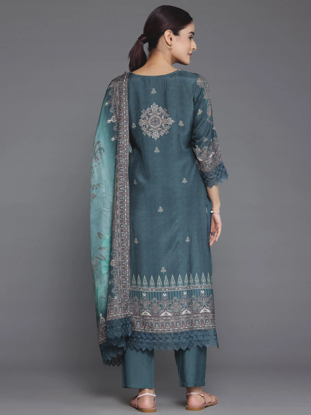 Green Printed Silk Blend Straight Suit With Dupatta - Libas 