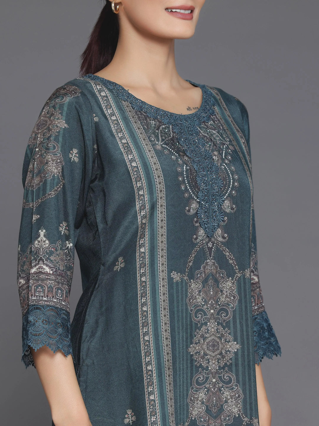 Green Printed Silk Blend Straight Suit With Dupatta - Libas 