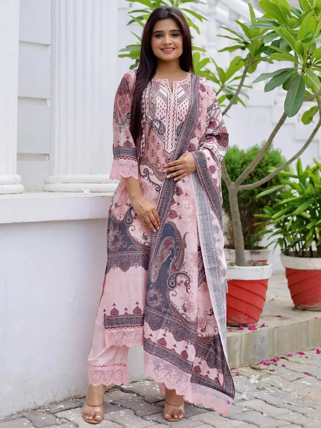  Pink Printed Silk Blend Straight Suit With Dupatta 