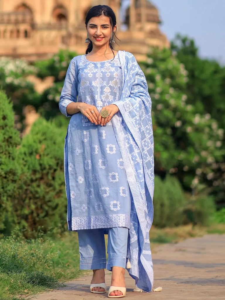 Libas Blue Woven Design Cotton Straight Suit With Dupatta
