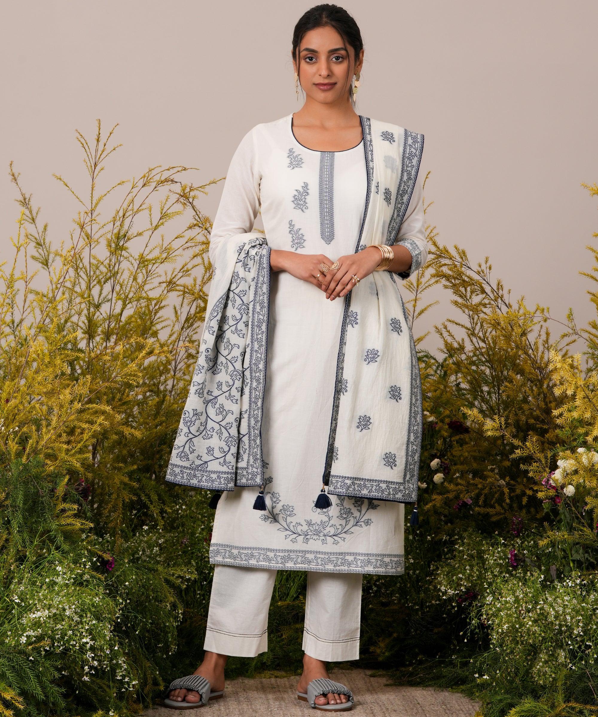 Off White Woven Design Cotton Straight Suit With Dupatta