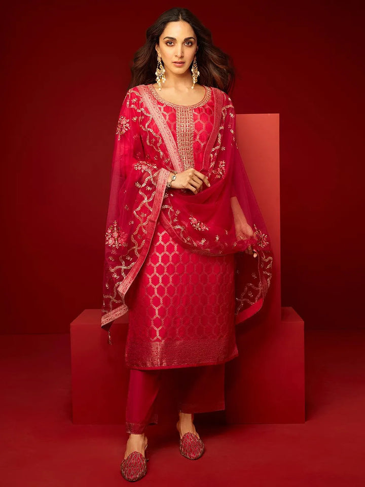 Pink Woven Design Cotton Blend Straight  Suits With Dupatta