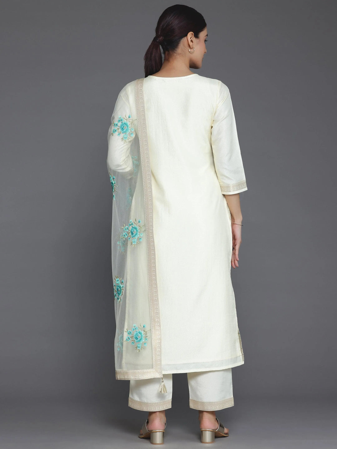 Cream Woven Design Silk Blend Straight Suit With Dupatta - Libas 