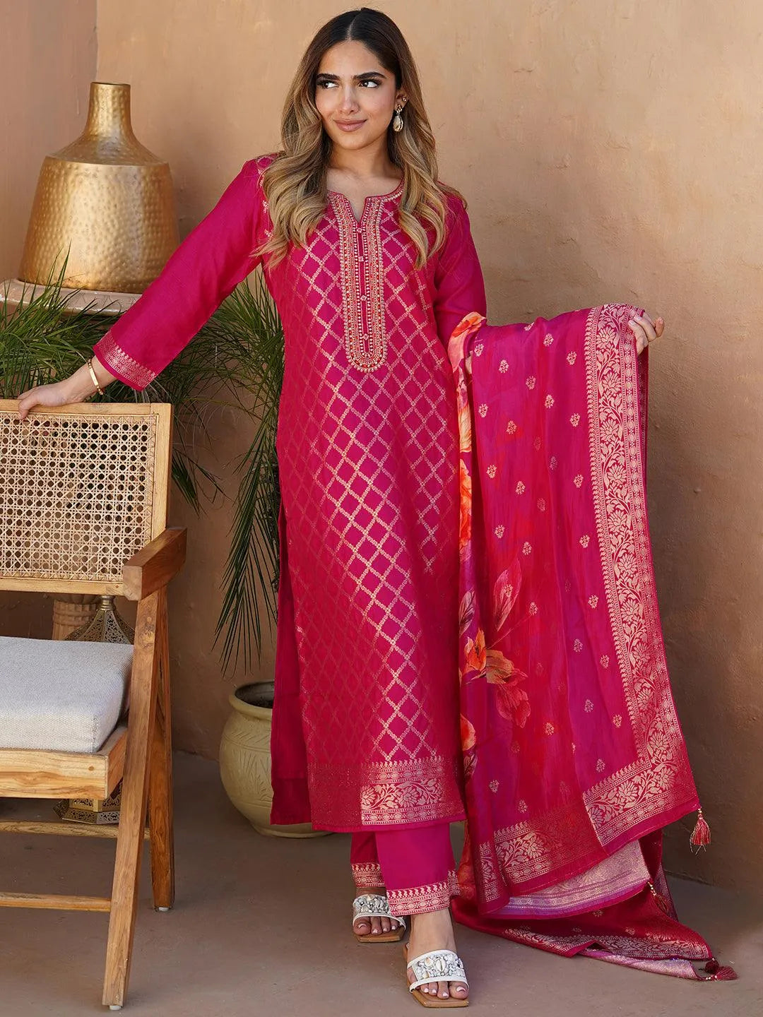 Pink Woven Design Silk Blend Straight Suit With Dupatta - Libas