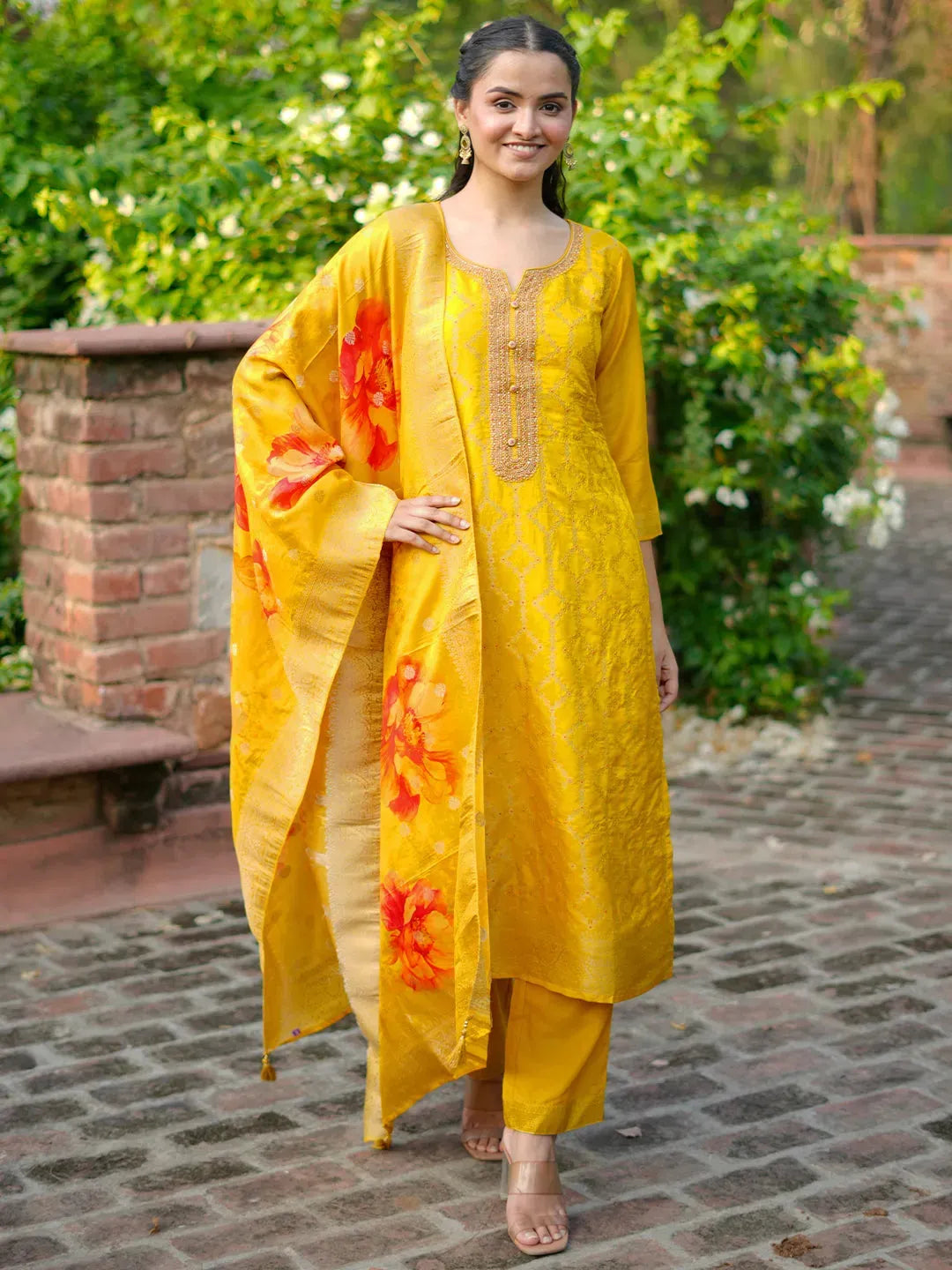 Buy Mustard Woven Design Silk Blend Straight Suit With Dupatta Online