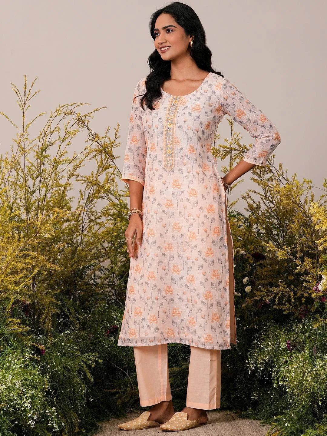 Peach Printed Linen Straight Suit With Dupatta - Libas