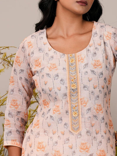 Peach Printed Linen Straight Suit With Dupatta - Libas