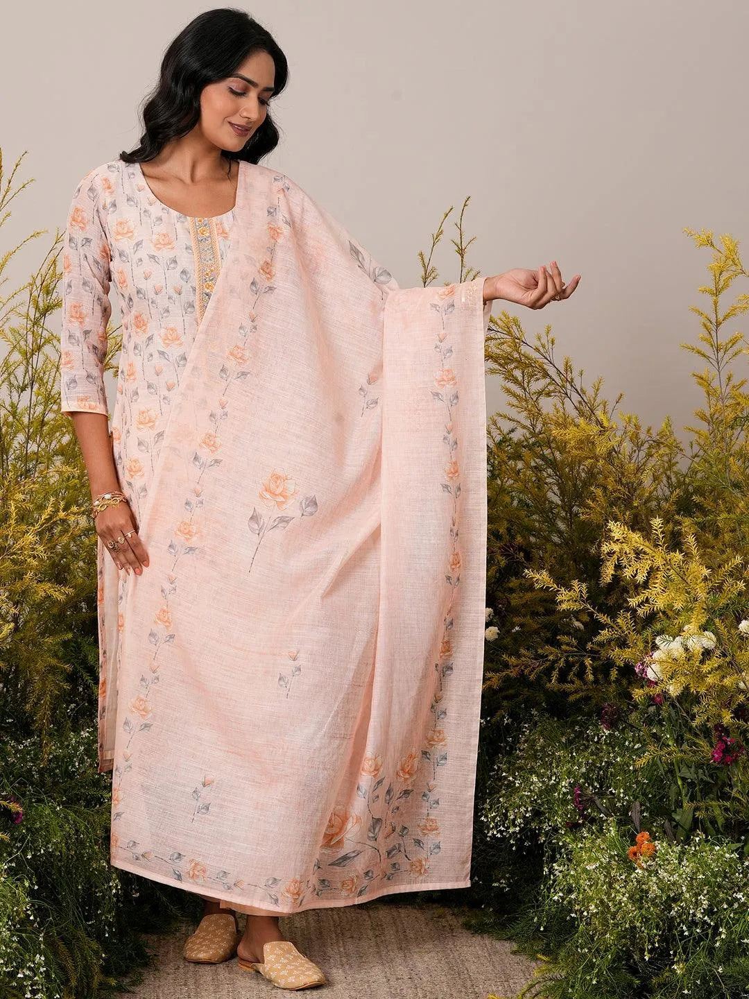 Peach Printed Linen Straight Suit With Dupatta - Libas 