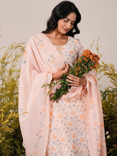 Peach Printed Linen Straight Suit With Dupatta - Libas