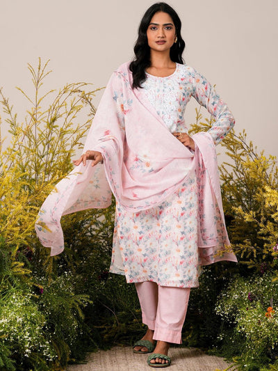 Pink Printed Linen Straight Suit With Dupatta - Libas