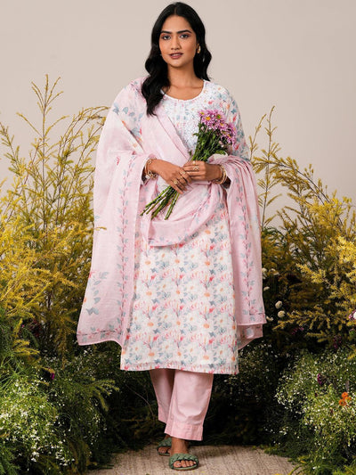 Pink Printed Linen Straight Suit With Dupatta - Libas
