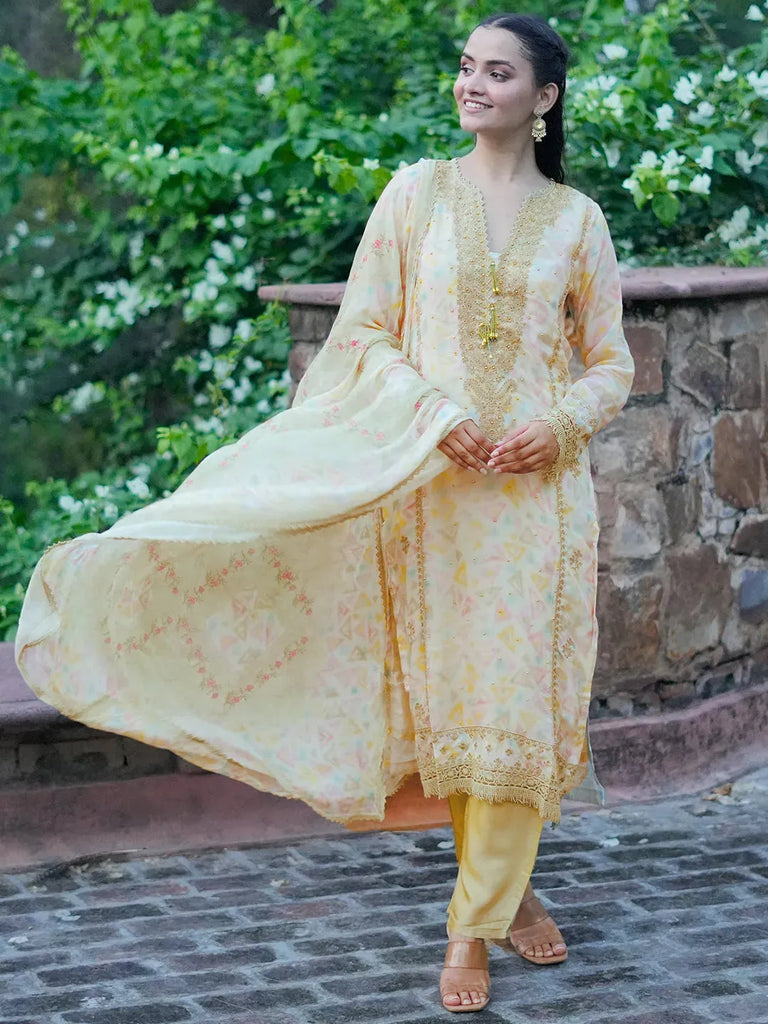Libas Olive Embroidered Organza Straight Suit With Dupatta