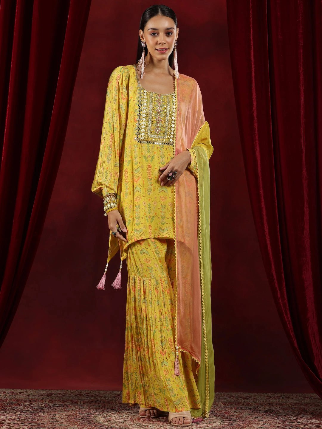  Libas Art Yellow Printed Silk Blend Straight Suit With Dupatta 