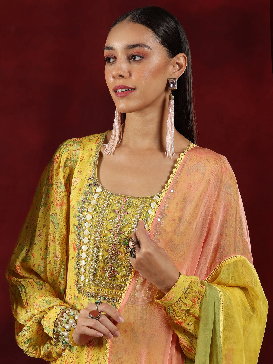  Libas Art Yellow Printed Silk Blend Straight Suit With Dupatta 