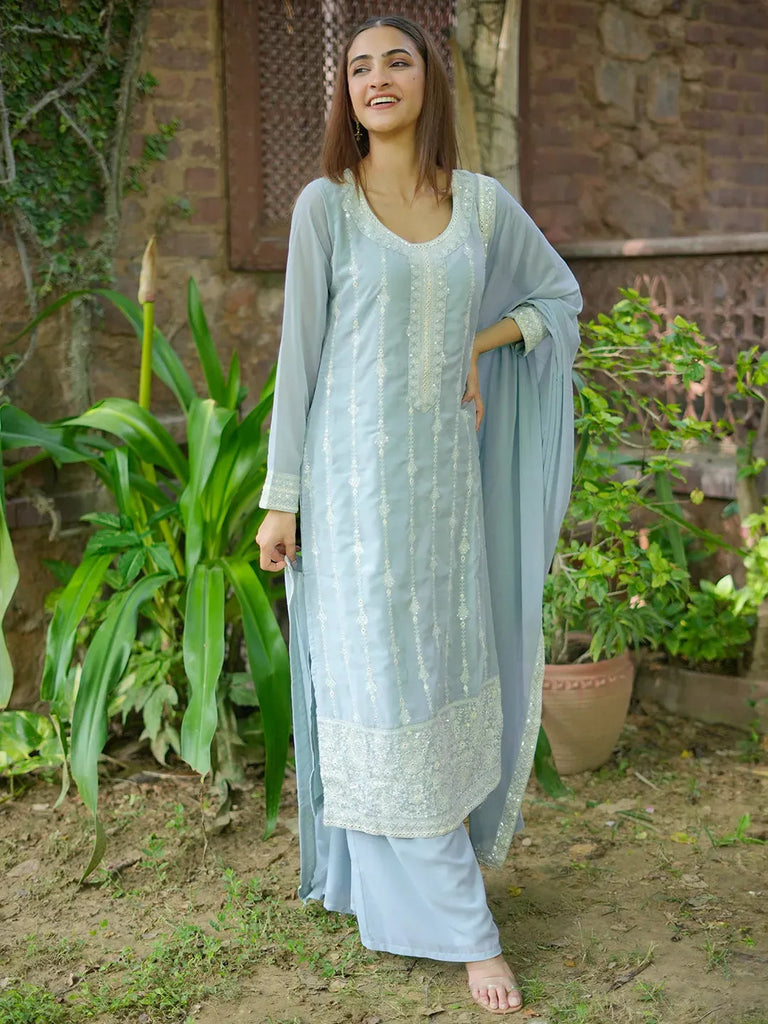 Libas Blue Embroidered Georgette Straight Suit With Dupatta