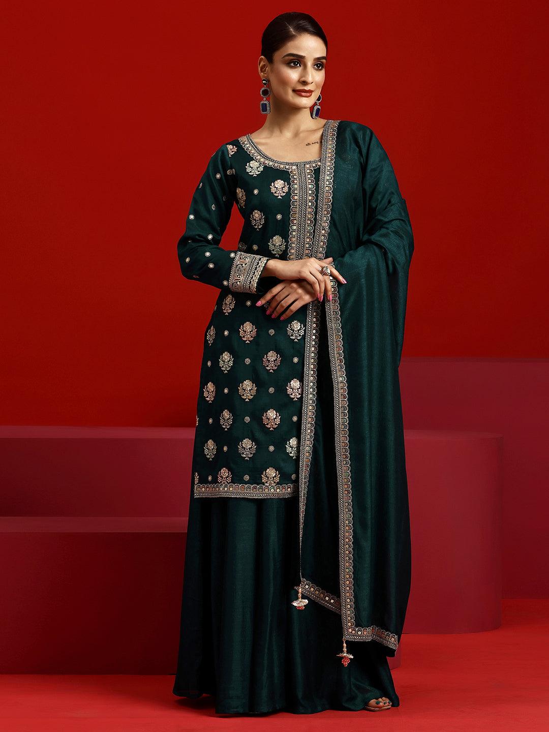 Libas Art Blue Embroidered Silk Blend Straight Suit With Dupatta - Libas