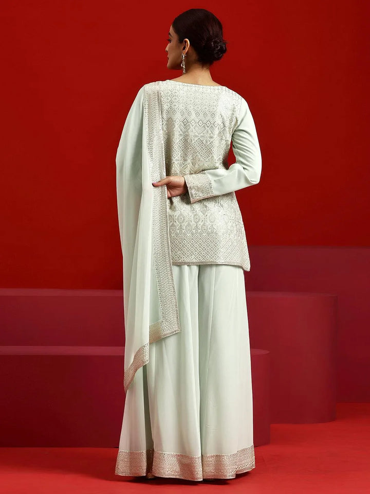 Libas Art Sea Green Embroidered Georgette A-Line Kurta With Palazzos & Dupatta - Libas