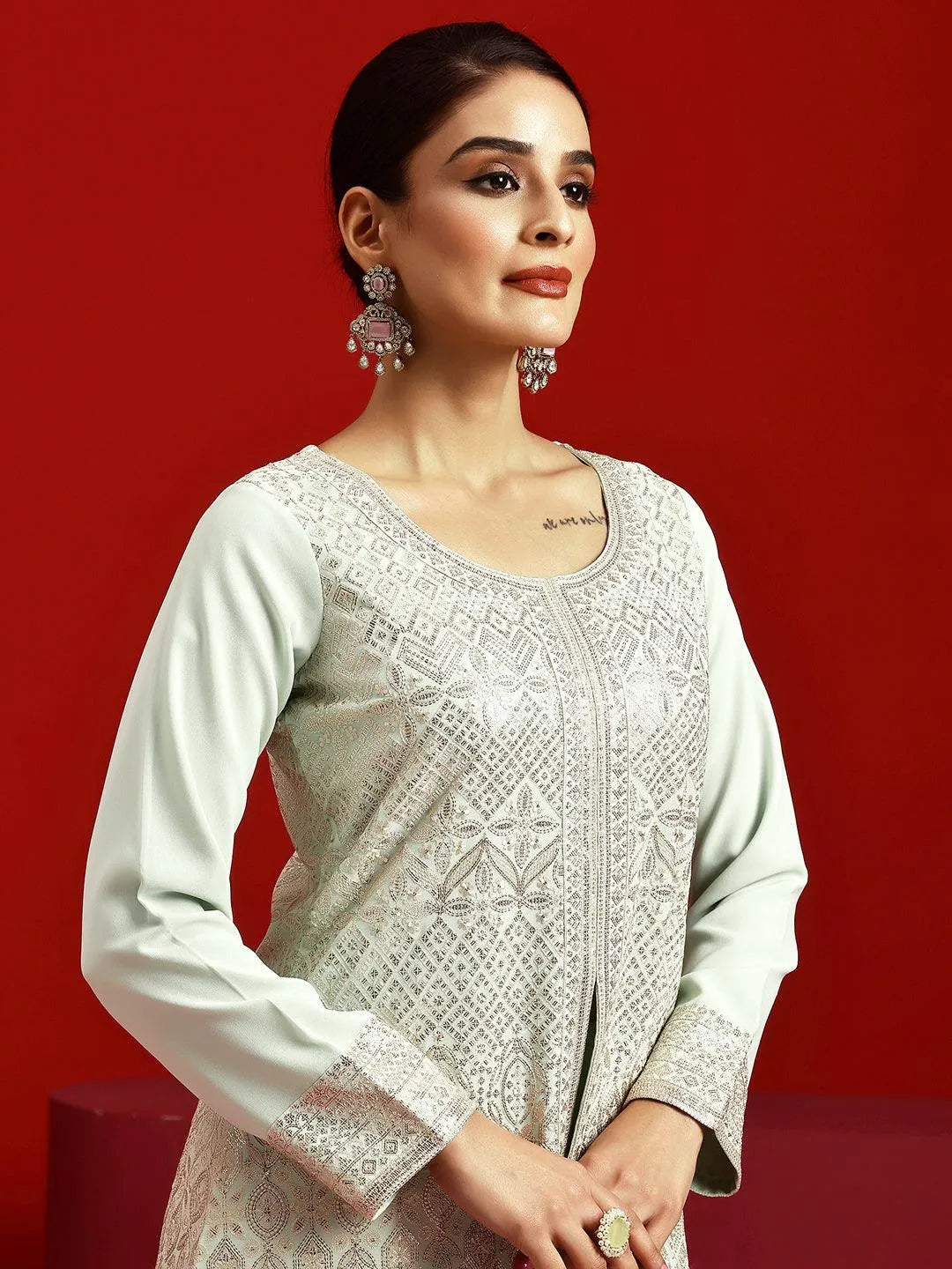 Libas Art Sea Green Embroidered Georgette A-Line Kurta With Palazzos & Dupatta - Libas 