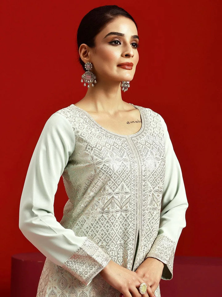 Libas Art Sea Green Embroidered Georgette A-Line Kurta With Palazzos & Dupatta - Libas