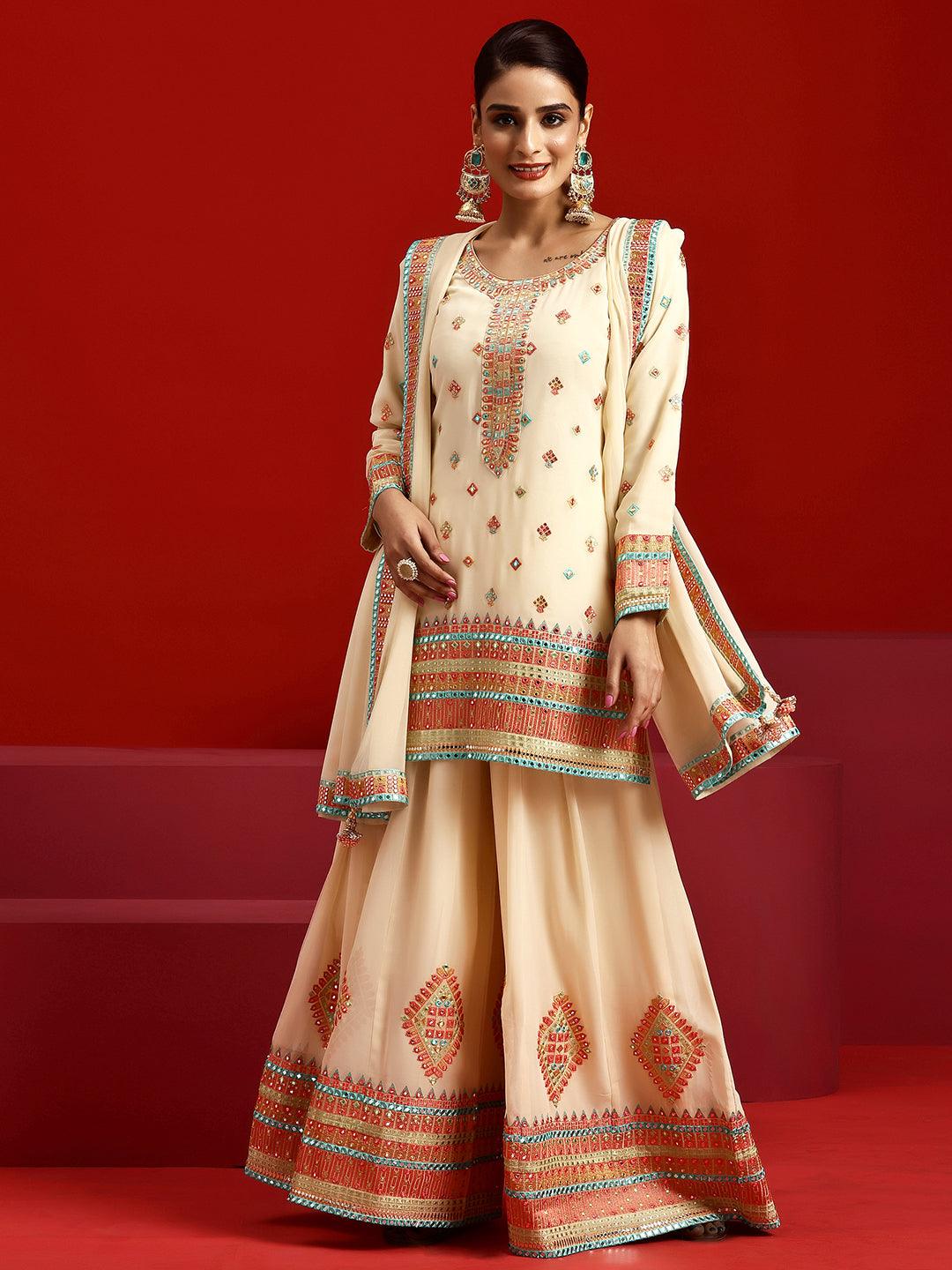 Libas Art Red Embroidered Georgette Straight Suit With Dupatta