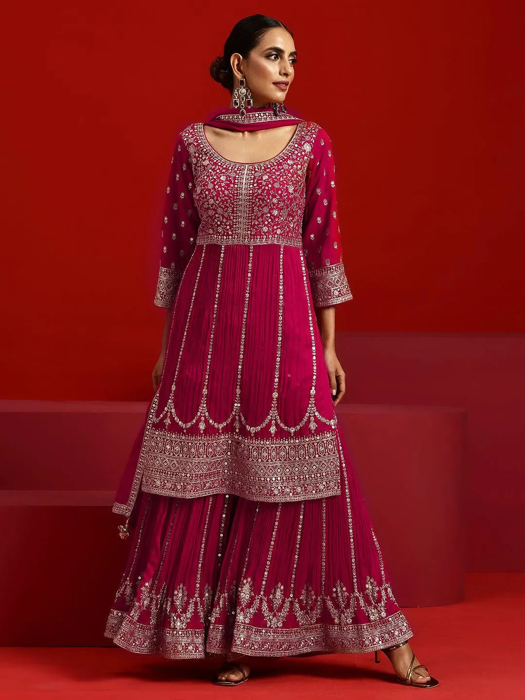 Libas Art Pink Embroidered Silk Blend Straight Suit With Dupatta - Libas 