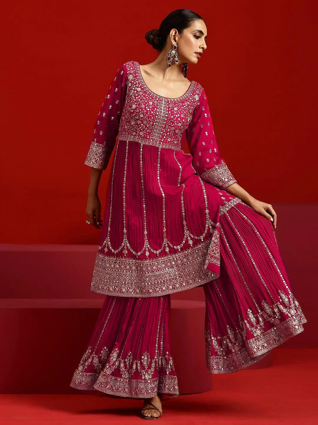 Libas Art Pink Embroidered Silk Blend Straight Suit With Dupatta - Libas