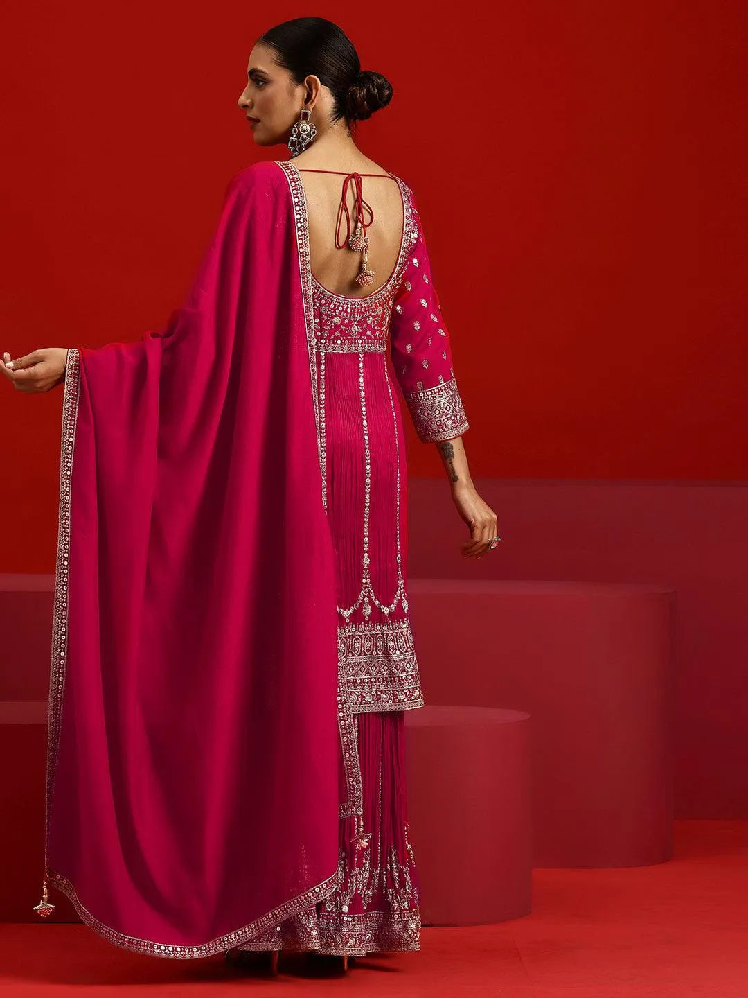 Libas Art Pink Embroidered Silk Blend Straight Suit With Dupatta - Libas 