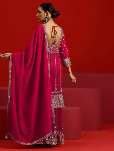 Libas Art Pink Embroidered Silk Blend Straight Suit With Dupatta - Libas