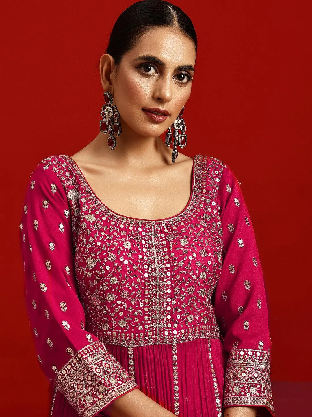 Libas Art Pink Embroidered Silk Blend Straight Suit With Dupatta - Libas 