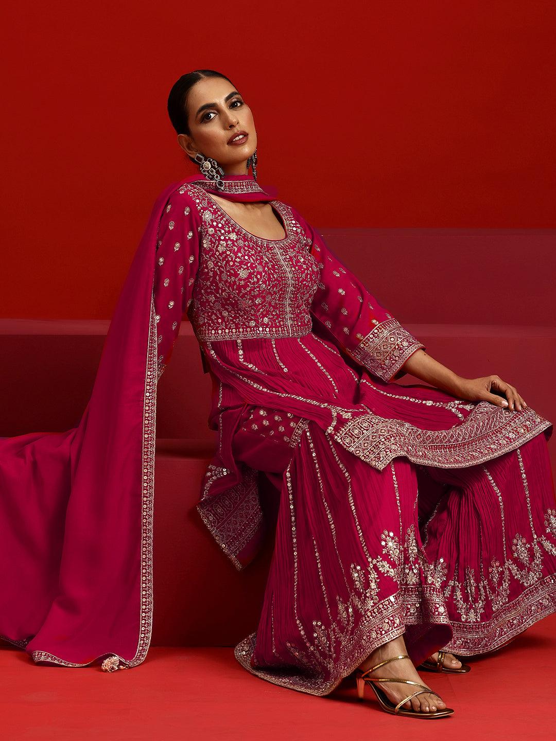 Libas Art Pink Embroidered Silk Blend Straight Suit With Dupatta