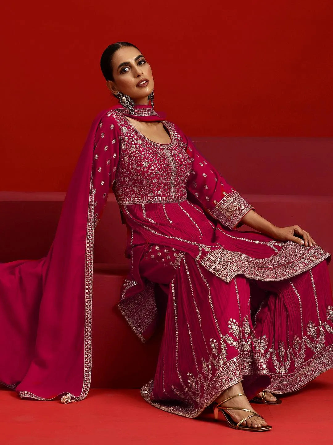 Libas Art Pink Embroidered Silk Blend Straight Suit With Dupatta - Libas 