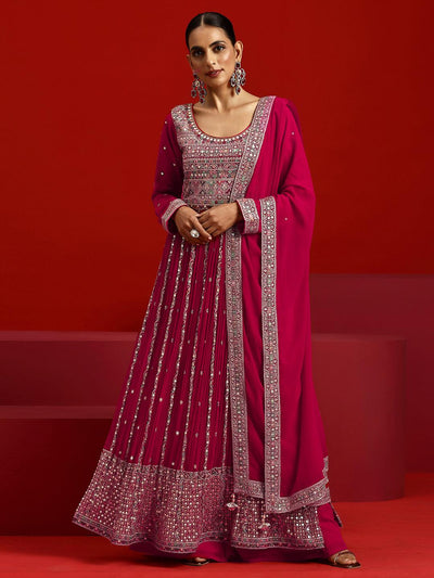Libas Art Hot Pink Embroidered Georgette A-Line Kurta With Palazzos & Dupatta - Libas
