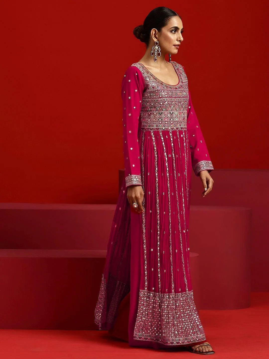 Libas Art Hot Pink Embroidered Georgette A-Line Kurta With Palazzos & Dupatta - Libas 