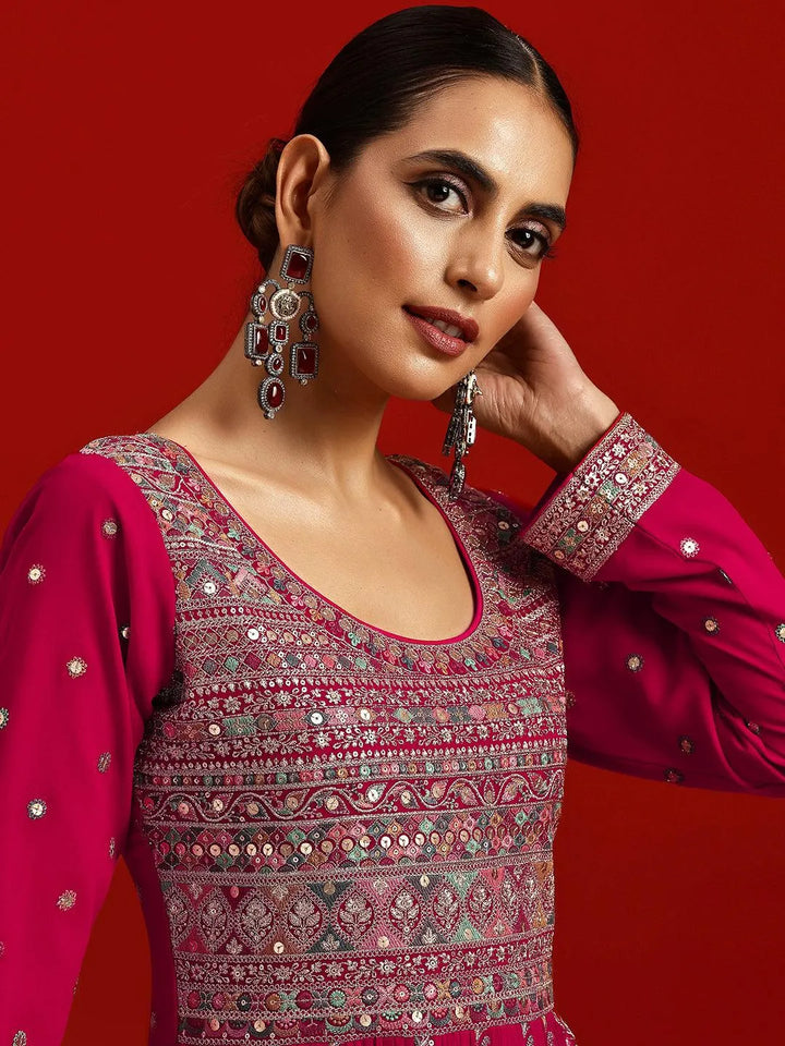Libas Art Hot Pink Embroidered Georgette A-Line Kurta With Palazzos & Dupatta - Libas